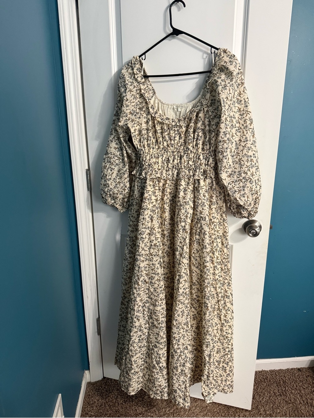 Smocked Floral Maxi Dress in Cream with Blue Print